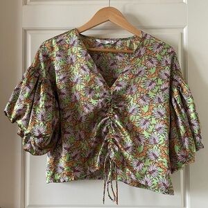 Satin-effect Tropical Tiger Adjustable Ruched Blouse Size Small